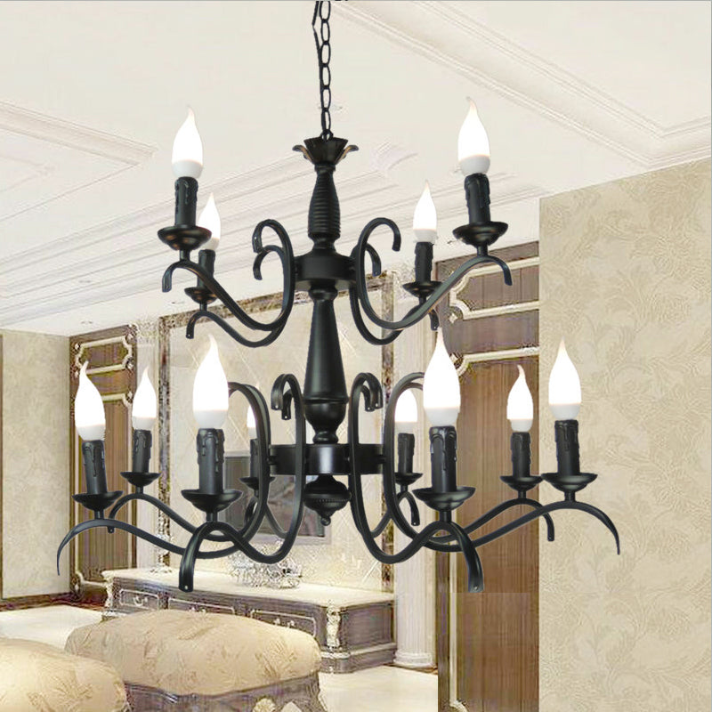 3/5 Heads Flameless Candle Chandelier Lighting Vintage Style Black Metallic Hanging Lamp for Living Room 12 Black Clearhalo 'Cast Iron' 'Ceiling Lights' 'Chandeliers' 'Industrial Chandeliers' 'Industrial' 'Metal' 'Middle Century Chandeliers' 'Rustic Chandeliers' 'Tiffany' Lighting' 137819