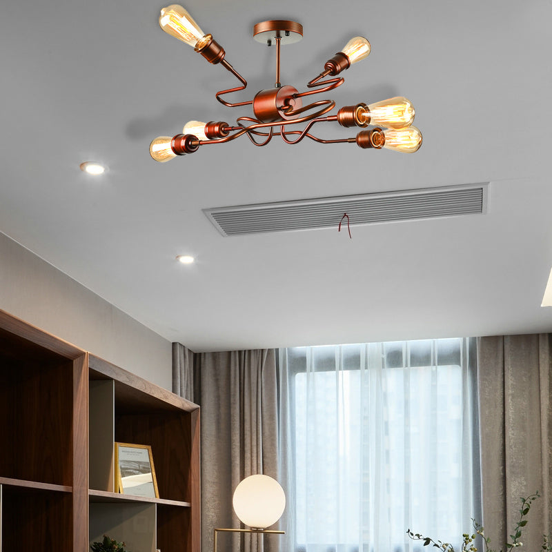 Twisted Arm Iron Ceiling Light Farmhouse Style 6 Lights Living Room Semi Flush Mount Lighting in Copper Copper Clearhalo 'Ceiling Lights' 'Close To Ceiling Lights' 'Close to ceiling' 'Semi-flushmount' Lighting' 137927