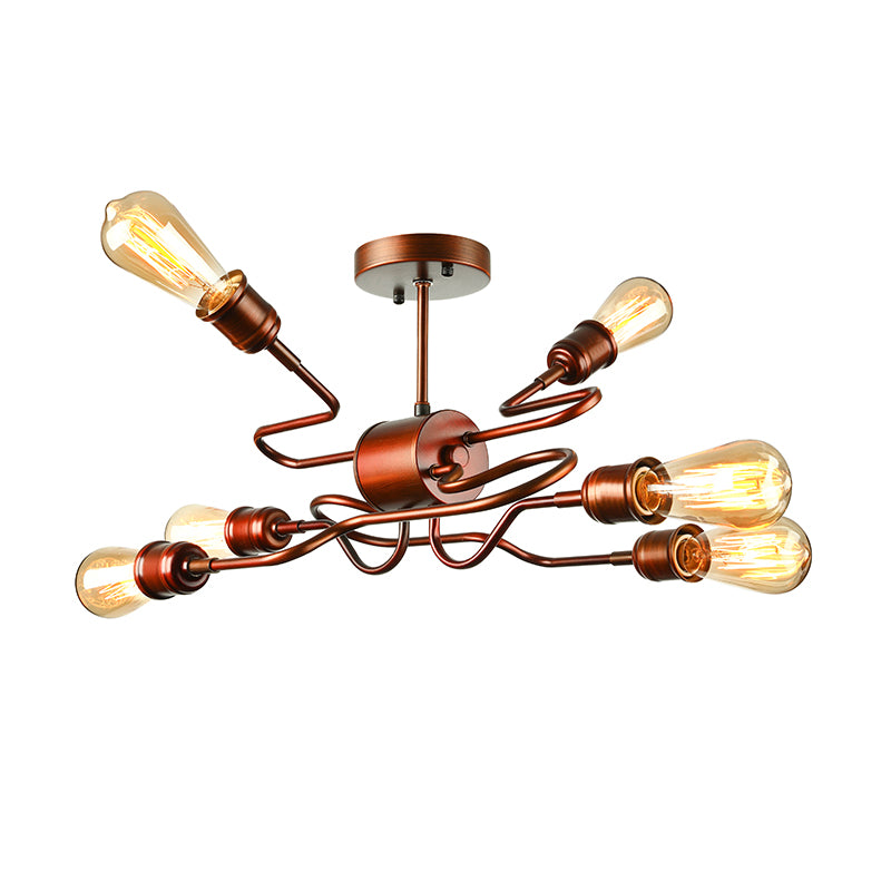 Twisted Arm Iron Ceiling Light Farmhouse Style 6 Lights Living Room Semi Flush Mount Lighting in Copper Clearhalo 'Ceiling Lights' 'Close To Ceiling Lights' 'Close to ceiling' 'Semi-flushmount' Lighting' 137929
