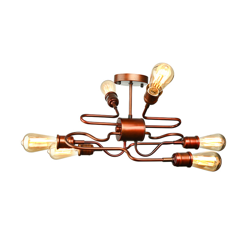 Twisted Arm Iron Ceiling Light Farmhouse Style 6 Lights Living Room Semi Flush Mount Lighting in Copper Clearhalo 'Ceiling Lights' 'Close To Ceiling Lights' 'Close to ceiling' 'Semi-flushmount' Lighting' 137930