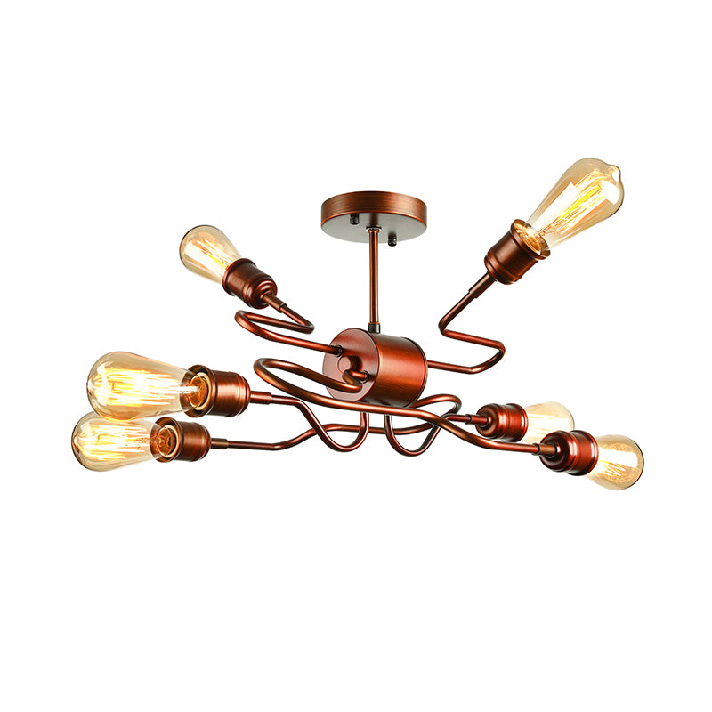 Twisted Arm Iron Ceiling Light Farmhouse Style 6 Lights Living Room Semi Flush Mount Lighting in Copper Clearhalo 'Ceiling Lights' 'Close To Ceiling Lights' 'Close to ceiling' 'Semi-flushmount' Lighting' 137931