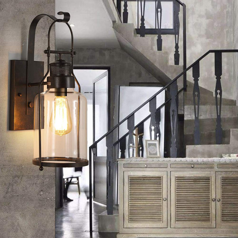Cylinder Corridor Wall Light Fixture Industrial Clear Glass 1 Light Black Sconce Lamp with Cage Clear Clearhalo 'Cast Iron' 'Glass' 'Industrial wall lights' 'Industrial' 'Middle century wall lights' 'Modern' 'Tiffany' 'Traditional wall lights' 'Wall Lamps & Sconces' 'Wall Lights' Lighting' 138070