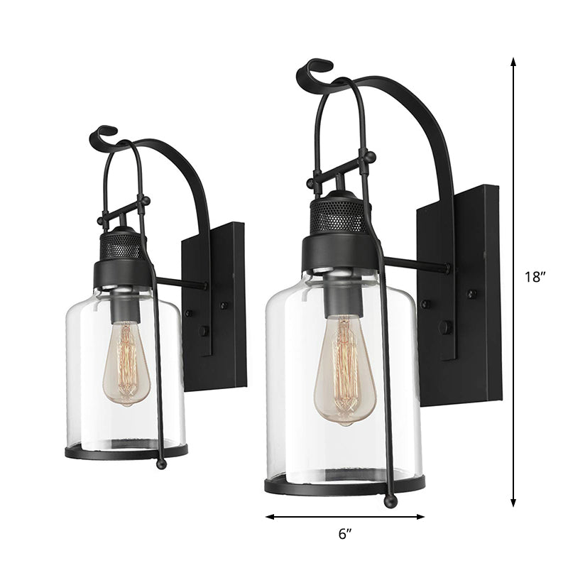 Cylinder Corridor Wall Light Fixture Industrial Clear Glass 1 Light Black Sconce Lamp with Cage Clearhalo 'Cast Iron' 'Glass' 'Industrial wall lights' 'Industrial' 'Middle century wall lights' 'Modern' 'Tiffany' 'Traditional wall lights' 'Wall Lamps & Sconces' 'Wall Lights' Lighting' 138073