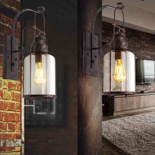 One Bulb Clear Glass Sconce Light Fixture Traditional Rust Cylinder Corridor Wall Lamp Clearhalo 'Cast Iron' 'Glass' 'Industrial wall lights' 'Industrial' 'Middle century wall lights' 'Modern' 'Tiffany' 'Traditional wall lights' 'Wall Lamps & Sconces' 'Wall Lights' Lighting' 138094