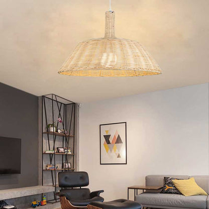 Country Style Hand-Woven Pendant Lighting with Barn Shade Rattan 15"/19" W 1 Bulb Indoor Suspension Lamp in Beige Beige Clearhalo 'Ceiling Lights' 'Pendant Lights' 'Pendants' Lighting' 138114_b02fc2aa-6186-407c-9308-f5b185e735bb