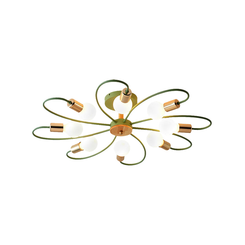 Metal Swirl Semi Flush Mount Lighting Industrial 3/6 Lights Living Room Ceiling Mounted Fixture in Grey/Green Clearhalo 'Ceiling Lights' 'Close To Ceiling Lights' 'Close to ceiling' 'Semi-flushmount' Lighting' 138144