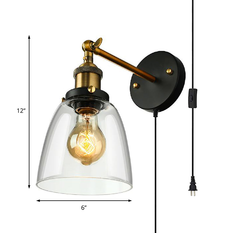 Tapered Bedroom Sconce Light Fixture Rustic Clear Glass 1 Light Black Wall Lamp with Plug-in Cord Clearhalo 'Cast Iron' 'Glass' 'Industrial wall lights' 'Industrial' 'Middle century wall lights' 'Modern' 'Tiffany' 'Traditional wall lights' 'Wall Lamps & Sconces' 'Wall Lights' Lighting' 138166