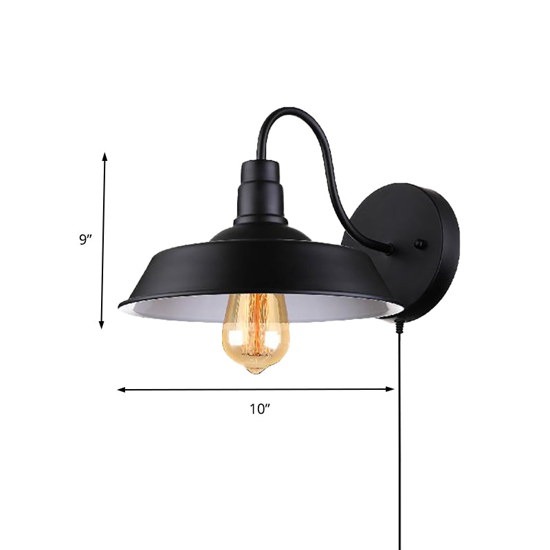 Barn Kitchen Wall Light Fixture Industrial Metal 1 Light Black Sconce Light with Gooseneck Arm and Plug In Cord Clearhalo 'Art deco wall lights' 'Cast Iron' 'Glass' 'Industrial wall lights' 'Industrial' 'Middle century wall lights' 'Modern' 'Rustic wall lights' 'Tiffany' 'Traditional wall lights' 'Wall Lamps & Sconces' 'Wall Lights' Lighting' 138181