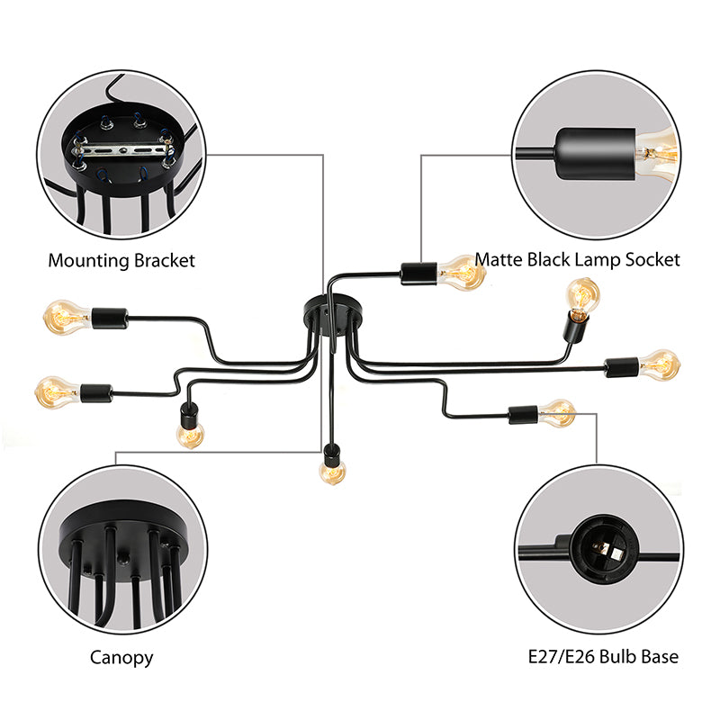 Vintage Exposed Ceiling Flush Mount 4/6-Light Metallic Semi Flush Light with Sputnik Design in Antique Brass/Black Clearhalo 'Ceiling Lights' 'Close To Ceiling Lights' 'Close to ceiling' 'Semi-flushmount' Lighting' 138260