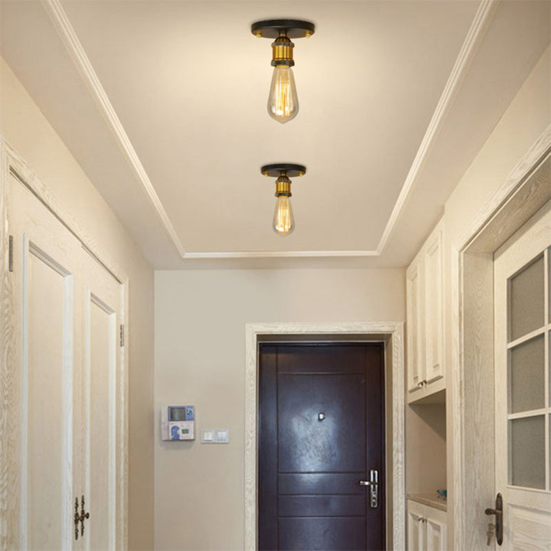 Black/Brass Finish Expose Bulb Ceiling Lighting Retro Industrial Metal 1 Light Balcony Semi Flush Mount Light Antique Brass Clearhalo 'Ceiling Lights' 'Close To Ceiling Lights' 'Close to ceiling' 'Semi-flushmount' Lighting' 138336