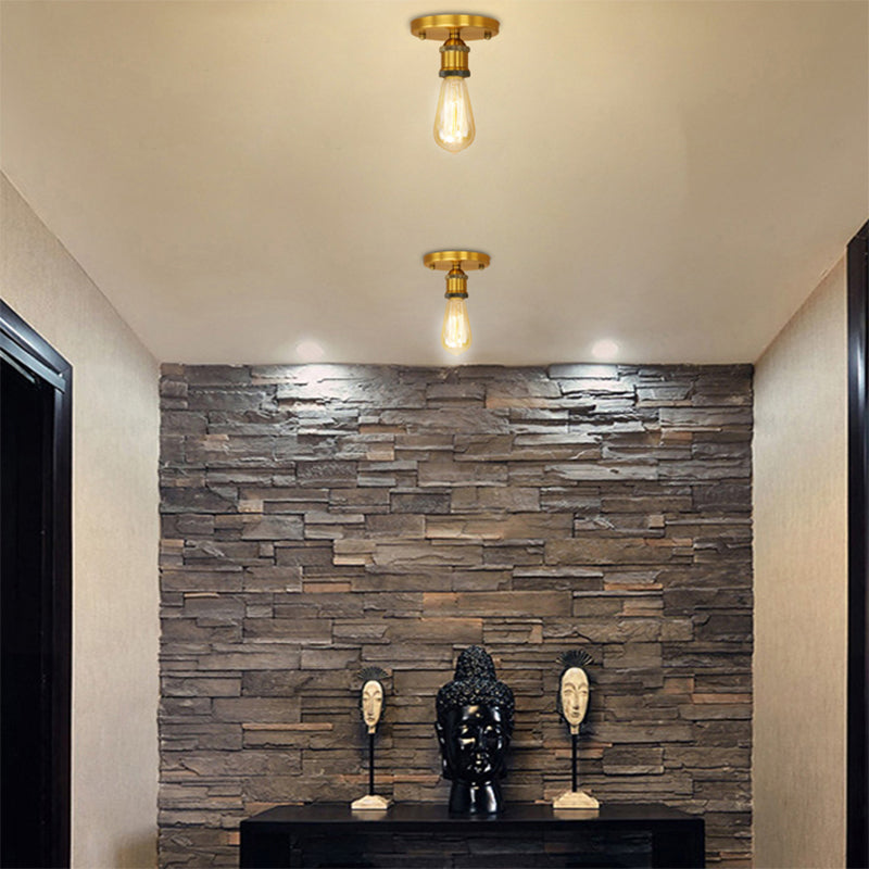 Black/Brass Finish Expose Bulb Ceiling Lighting Retro Industrial Metal 1 Light Balcony Semi Flush Mount Light Brass Clearhalo 'Ceiling Lights' 'Close To Ceiling Lights' 'Close to ceiling' 'Semi-flushmount' Lighting' 138339