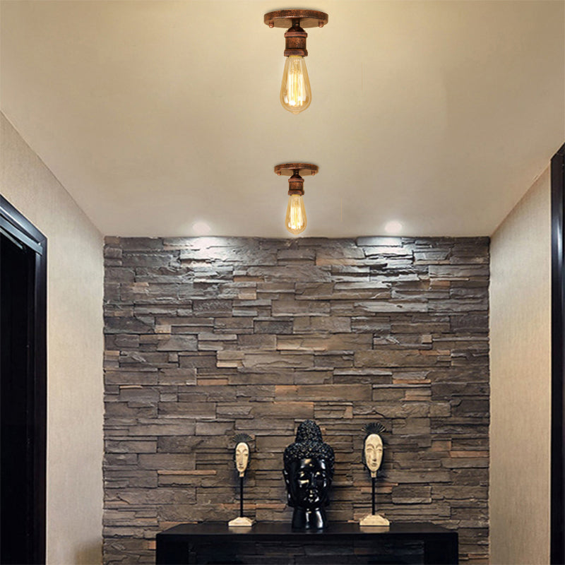 Black/Brass Finish Expose Bulb Ceiling Lighting Retro Industrial Metal 1 Light Balcony Semi Flush Mount Light Rust Clearhalo 'Ceiling Lights' 'Close To Ceiling Lights' 'Close to ceiling' 'Semi-flushmount' Lighting' 138346