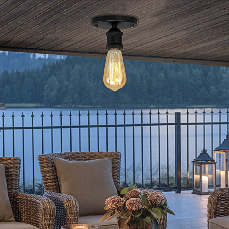 Black/Brass Finish Expose Bulb Ceiling Lighting Retro Industrial Metal 1 Light Balcony Semi Flush Mount Light Black Clearhalo 'Ceiling Lights' 'Close To Ceiling Lights' 'Close to ceiling' 'Semi-flushmount' Lighting' 138348