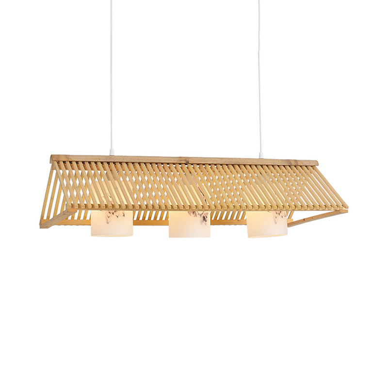 Modernist Linear Island Lighting Wood 3-Light Dining Room Island Lamp with White Glass Cylinder Shade in Beige/Brown Clearhalo 'Ceiling Lights' 'Island Lights' Lighting' 138375