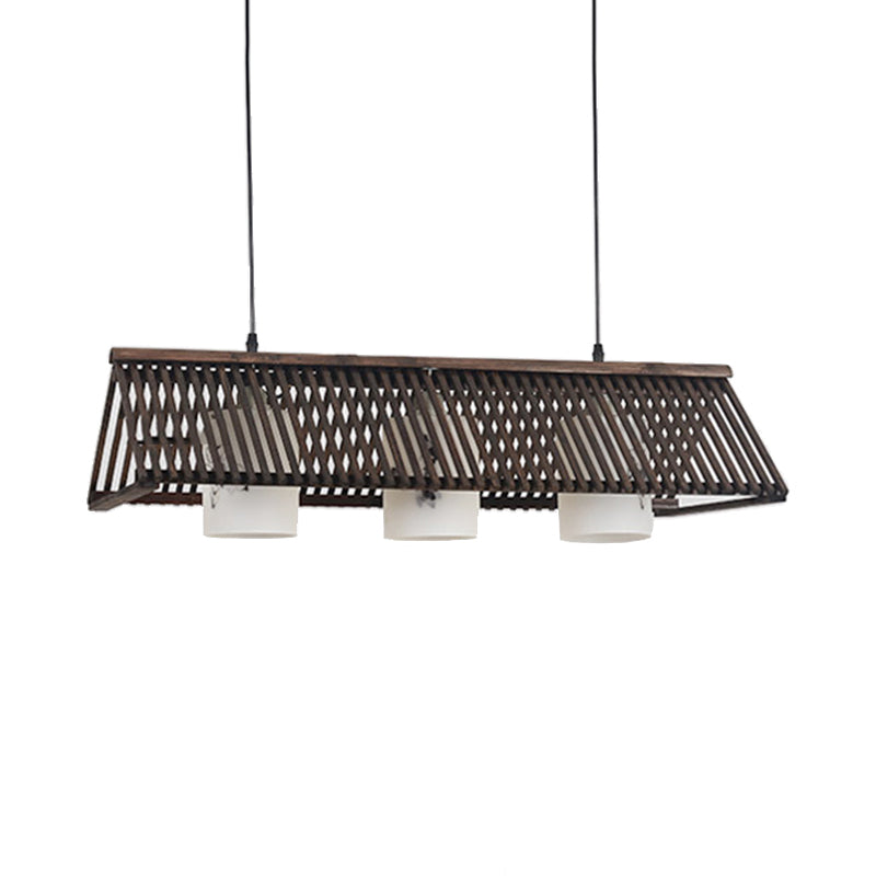 Modernist Linear Island Lighting Wood 3-Light Dining Room Island Lamp with White Glass Cylinder Shade in Beige/Brown Clearhalo 'Ceiling Lights' 'Island Lights' Lighting' 138378
