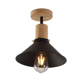 8"/10" Wide Conic Metal Semi-Flush Mount Light Loft Style 1 Bulb Foyer Ceiling Light with Wooden Canopy in Black Clearhalo 'Ceiling Lights' 'Close To Ceiling Lights' 'Close to ceiling' 'Semi-flushmount' Lighting' 138420