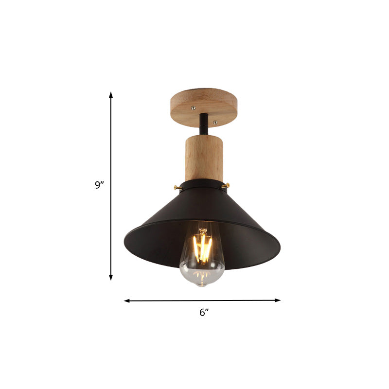8"/10" Wide Conic Metal Semi-Flush Mount Light Loft Style 1 Bulb Foyer Ceiling Light with Wooden Canopy in Black Clearhalo 'Ceiling Lights' 'Close To Ceiling Lights' 'Close to ceiling' 'Semi-flushmount' Lighting' 138421