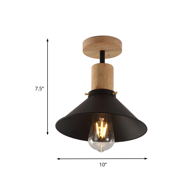 8"/10" Wide Conic Metal Semi-Flush Mount Light Loft Style 1 Bulb Foyer Ceiling Light with Wooden Canopy in Black Clearhalo 'Ceiling Lights' 'Close To Ceiling Lights' 'Close to ceiling' 'Semi-flushmount' Lighting' 138422
