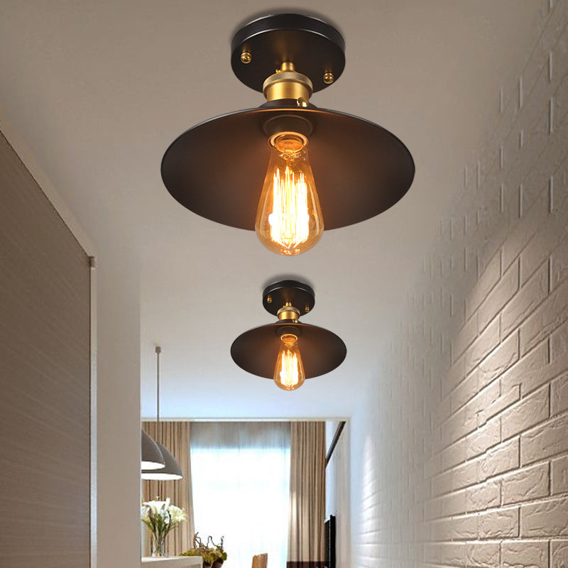 9.5"/10" Dia Flat Shade Corridor Ceiling Mounted Light Industrial Metallic 1 Head Semi Flush Light in Black Black Clearhalo 'Ceiling Lights' 'Close To Ceiling Lights' 'Close to ceiling' 'Semi-flushmount' Lighting' 138437