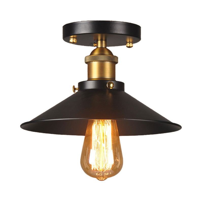 9.5"/10" Dia Flat Shade Corridor Ceiling Mounted Light Industrial Metallic 1 Head Semi Flush Light in Black Clearhalo 'Ceiling Lights' 'Close To Ceiling Lights' 'Close to ceiling' 'Semi-flushmount' Lighting' 138439