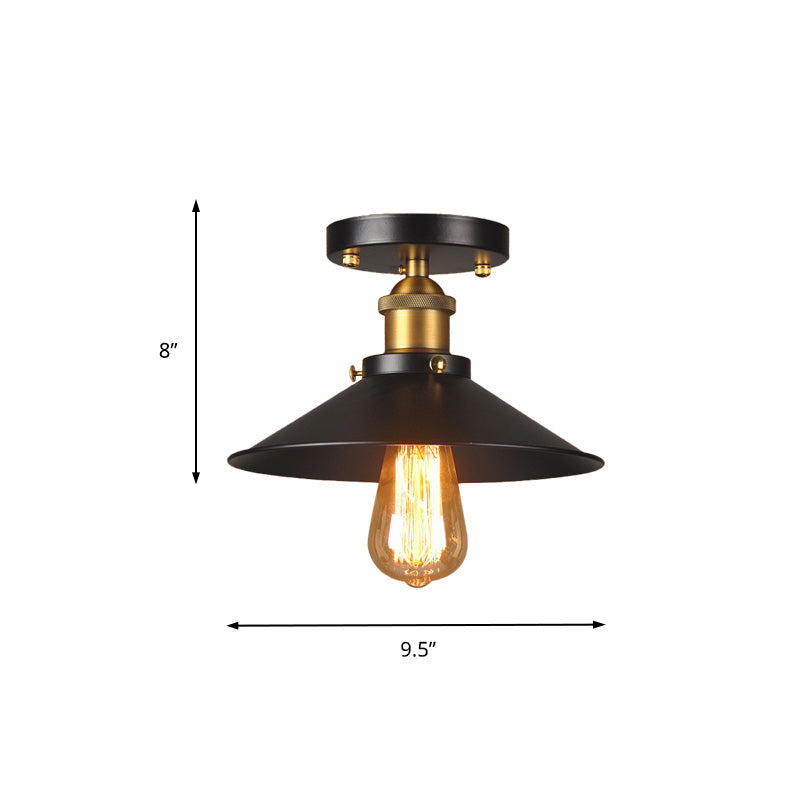 9.5"/10" Dia Flat Shade Corridor Ceiling Mounted Light Industrial Metallic 1 Head Semi Flush Light in Black Clearhalo 'Ceiling Lights' 'Close To Ceiling Lights' 'Close to ceiling' 'Semi-flushmount' Lighting' 138440