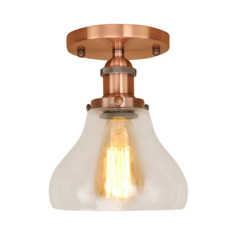 Single Bulb Semi Flush Mount Farmhouse Cone Clear Glass Ceiling Lighting Fixture in Black/Brass/Copper Clearhalo 'Ceiling Lights' 'Close To Ceiling Lights' 'Close to ceiling' 'Glass shade' 'Glass' 'Semi-flushmount' Lighting' 138449