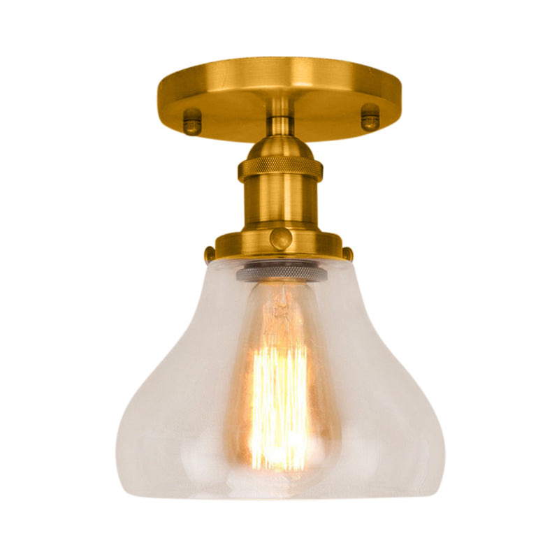 Single Bulb Semi Flush Mount Farmhouse Cone Clear Glass Ceiling Lighting Fixture in Black/Brass/Copper Clearhalo 'Ceiling Lights' 'Close To Ceiling Lights' 'Close to ceiling' 'Glass shade' 'Glass' 'Semi-flushmount' Lighting' 138451