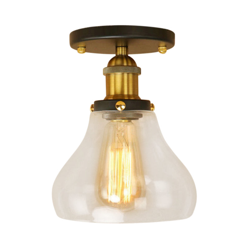 Single Bulb Semi Flush Mount Farmhouse Cone Clear Glass Ceiling Lighting Fixture in Black/Brass/Copper Clearhalo 'Ceiling Lights' 'Close To Ceiling Lights' 'Close to ceiling' 'Glass shade' 'Glass' 'Semi-flushmount' Lighting' 138457