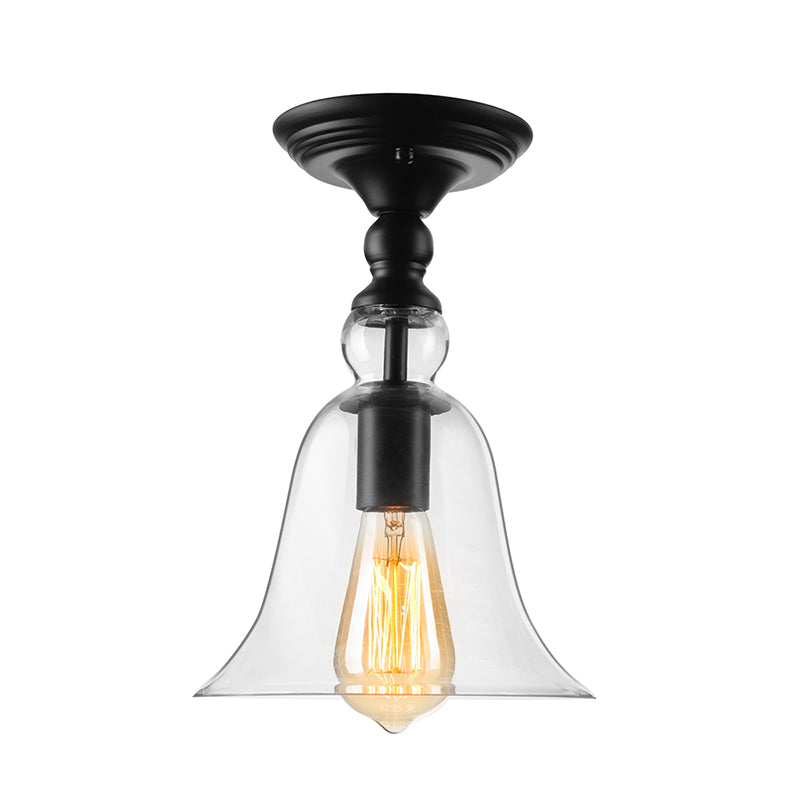 One Bulb Ceiling Lighting Industrial Flared Shade Clear Glass Semi Flush Mount Light in Black Clearhalo 'Ceiling Lights' 'Close To Ceiling Lights' 'Close to ceiling' 'Glass shade' 'Glass' 'Semi-flushmount' Lighting' 138466
