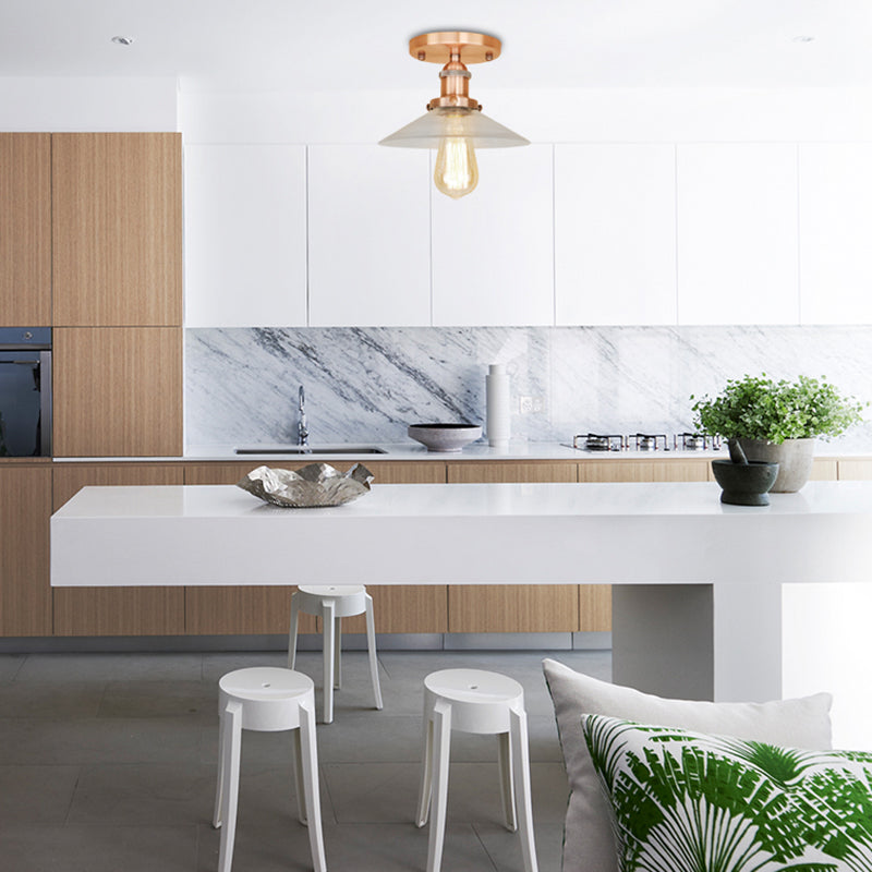 Saucer Frosted Glass Semi Flush Lighting Vintage 1 Bulb Kitchen Light Fixture in Black/Brass/Copper Copper Clearhalo 'Ceiling Lights' 'Close To Ceiling Lights' 'Close to ceiling' 'Glass shade' 'Glass' 'Semi-flushmount' Lighting' 138506