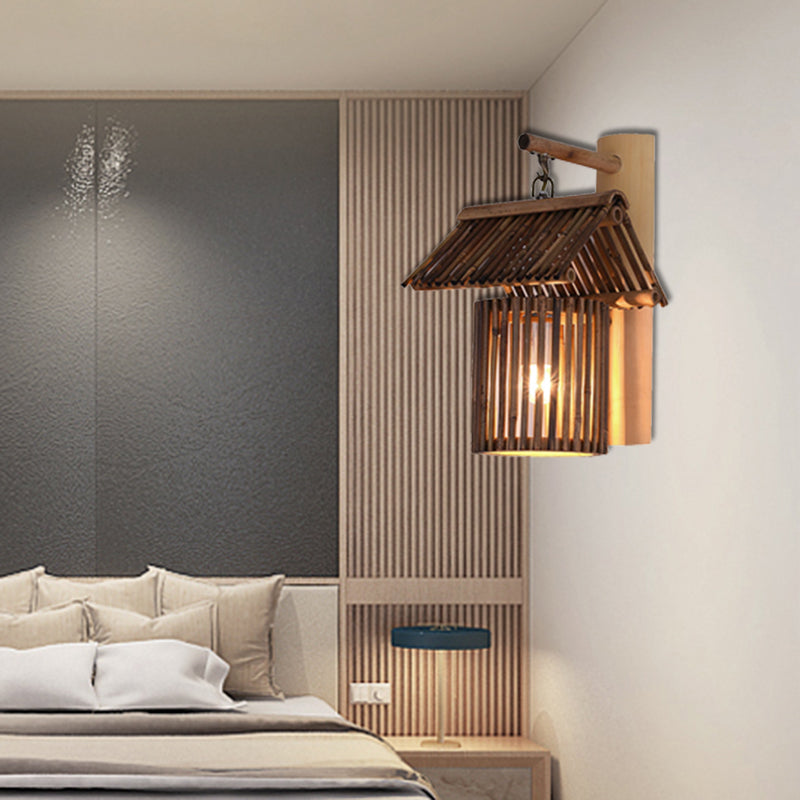 1 Bulb Bedroom Wall Light with House Bamboo Shade Lodge Stylish Beige Wall Sconce Lighting Beige Clearhalo 'Wall Lamps & Sconces' 'Wall Lights' Lighting' 138522