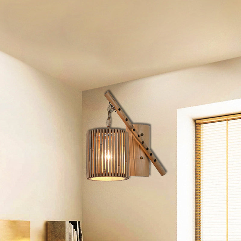 Bamboo Cylindrical Shade Wall Light Sconce Asian Style 1 Light Wood Wall Lamp with Flute Decoration, Left/Right Wood Right Clearhalo 'Wall Lamps & Sconces' 'Wall Lights' Lighting' 138560