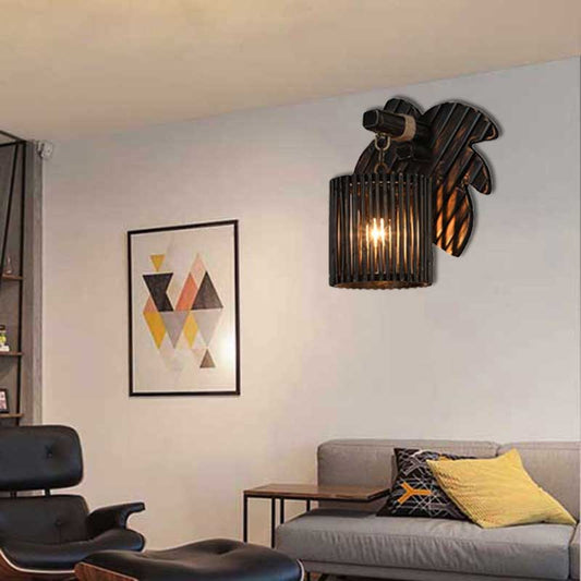 Black Finish Cylindrical Wall Lighting Lodge Stylish 1-Light Bamboo Wall Lamp with Wooden Leaf Backplate Black Clearhalo 'Modern wall lights' 'Modern' 'Wall Lamps & Sconces' 'Wall Lights' Lighting' 138586