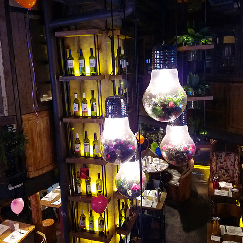 Clear Glass Bulb Shaped Pendant Lamp Industrial Style 1 Light Coffee Shop Hanging Light with Artificial Flower, 6"/9" Wide Clear Clearhalo 'Art Deco Pendants' 'Cast Iron' 'Ceiling Lights' 'Ceramic' 'Crystal' 'Industrial Pendants' 'Industrial' 'Metal' 'Middle Century Pendants' 'Pendant Lights' 'Pendants' 'Tiffany' Lighting' 138601