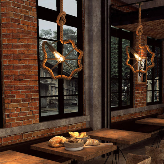 1 Head Wheel Cage Pendant Lighting Industrial Beige Rope and Metal Adjustable Hanging Ceiling Light Beige Clearhalo 'Art Deco Pendants' 'Cast Iron' 'Ceiling Lights' 'Ceramic' 'Crystal' 'Industrial Pendants' 'Industrial' 'Metal' 'Middle Century Pendants' 'Pendant Lights' 'Pendants' 'Tiffany' Lighting' 138613