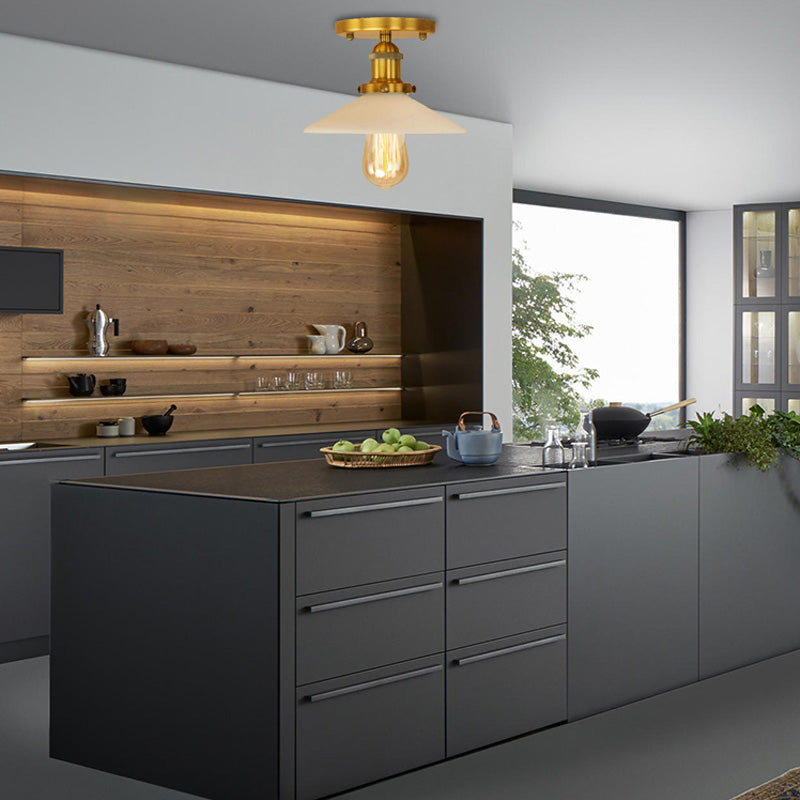 Metal Conical Semi-Flush Mount Light Vintage Style 1 Light Dining Table Ceiling Light Fixture in Bronze/Brass Finish Brass Clearhalo 'Ceiling Lights' 'Close To Ceiling Lights' 'Close to ceiling' 'Flush mount' 'Industrial Flush Mount' Lighting' 138634