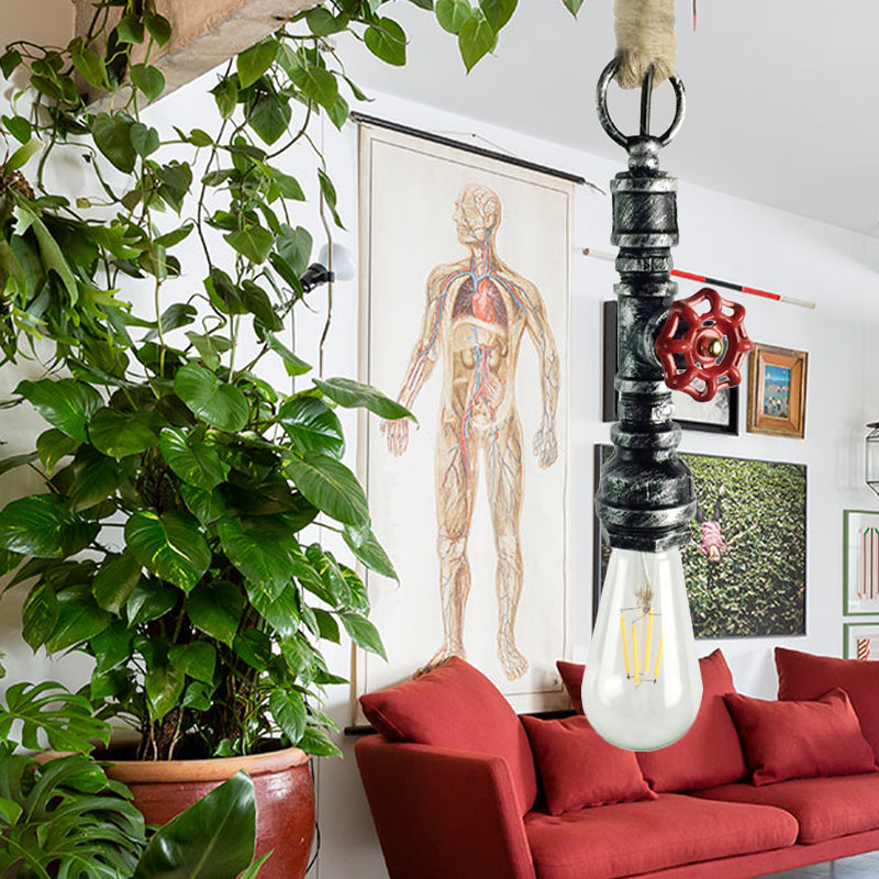 Wrought Iron Pipe Hanging Fixture Industrial 1 Light Indoor Pendant Lamp with Adjustable Rope in Aged Silver/Weathered Copper Clearhalo 'Art Deco Pendants' 'Cast Iron' 'Ceiling Lights' 'Ceramic' 'Crystal' 'Industrial Pendants' 'Industrial' 'Metal' 'Middle Century Pendants' 'Pendant Lights' 'Pendants' 'Tiffany' Lighting' 138644