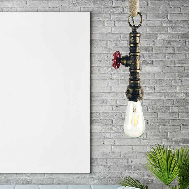 Wrought Iron Pipe Hanging Fixture Industrial 1 Light Indoor Pendant Lamp with Adjustable Rope in Aged Silver/Weathered Copper Antique Brass Clearhalo 'Art Deco Pendants' 'Cast Iron' 'Ceiling Lights' 'Ceramic' 'Crystal' 'Industrial Pendants' 'Industrial' 'Metal' 'Middle Century Pendants' 'Pendant Lights' 'Pendants' 'Tiffany' Lighting' 138650