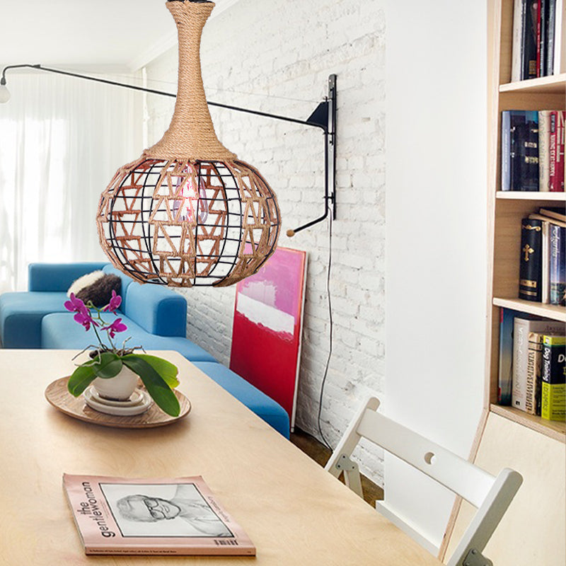 Nautical Globe Cage Hanging Pendant Light 1 Light Metal and Rope Suspension Light in Beige for Dining Room Beige Triangle Clearhalo 'Ceiling Lights' 'Industrial Pendants' 'Industrial' 'Middle Century Pendants' 'Pendant Lights' 'Pendants' 'Tiffany' Lighting' 138663