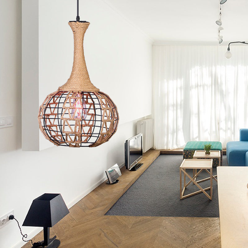Nautical Globe Cage Hanging Pendant Light 1 Light Metal and Rope Suspension Light in Beige for Dining Room Clearhalo 'Ceiling Lights' 'Industrial Pendants' 'Industrial' 'Middle Century Pendants' 'Pendant Lights' 'Pendants' 'Tiffany' Lighting' 138664