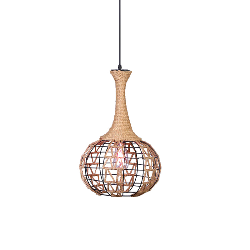 Nautical Globe Cage Hanging Pendant Light 1 Light Metal and Rope Suspension Light in Beige for Dining Room Clearhalo 'Ceiling Lights' 'Industrial Pendants' 'Industrial' 'Middle Century Pendants' 'Pendant Lights' 'Pendants' 'Tiffany' Lighting' 138665