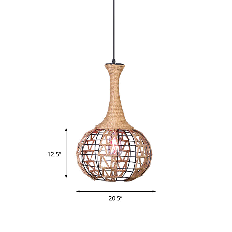 Nautical Globe Cage Hanging Pendant Light 1 Light Metal and Rope Suspension Light in Beige for Dining Room Clearhalo 'Ceiling Lights' 'Industrial Pendants' 'Industrial' 'Middle Century Pendants' 'Pendant Lights' 'Pendants' 'Tiffany' Lighting' 138666