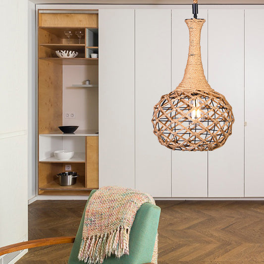 Nautical Globe Cage Hanging Pendant Light 1 Light Metal and Rope Suspension Light in Beige for Dining Room Beige Rhombus Clearhalo 'Ceiling Lights' 'Industrial Pendants' 'Industrial' 'Middle Century Pendants' 'Pendant Lights' 'Pendants' 'Tiffany' Lighting' 138667