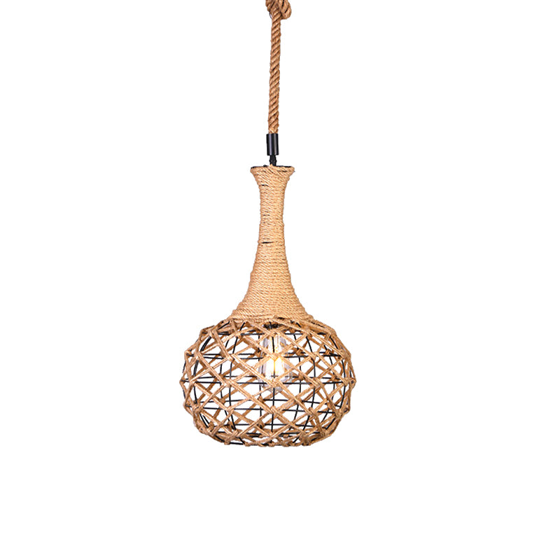 Nautical Globe Cage Hanging Pendant Light 1 Light Metal and Rope Suspension Light in Beige for Dining Room Clearhalo 'Ceiling Lights' 'Industrial Pendants' 'Industrial' 'Middle Century Pendants' 'Pendant Lights' 'Pendants' 'Tiffany' Lighting' 138669