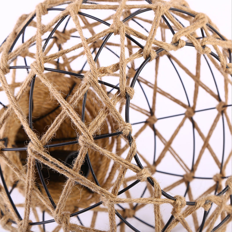 Nautical Globe Cage Hanging Pendant Light 1 Light Metal and Rope Suspension Light in Beige for Dining Room Clearhalo 'Ceiling Lights' 'Industrial Pendants' 'Industrial' 'Middle Century Pendants' 'Pendant Lights' 'Pendants' 'Tiffany' Lighting' 138672