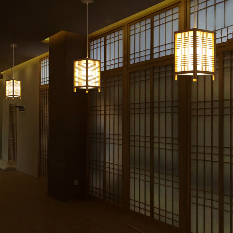 6"/8.5" Wide Wooden Square Hanging Lantern Light Japanese 1-Light Natural Wood Pendant Lamp for Foyer Dining Room Clearhalo 'Ceiling Lights' 'Pendant Lights' 'Pendants' Lighting' 138678