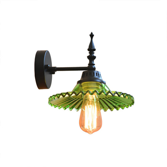 Clear/Green Glass Black Sconce Light Cone/Wide Flare 1-Light Industrial Wall Lamp Fixture for Living Room Clearhalo 'Cast Iron' 'Glass' 'Industrial wall lights' 'Industrial' 'Middle century wall lights' 'Modern' 'Tiffany' 'Traditional wall lights' 'Wall Lamps & Sconces' 'Wall Lights' Lighting' 138758