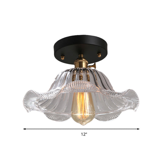 Red/Blue/Clear One Light Ceiling Mount Rustic Ribbed Glass Scalloped Semi Flush Light, 8"/10"/12" Wide Clearhalo 'Ceiling Lights' 'Close To Ceiling Lights' 'Close to ceiling' 'Glass shade' 'Glass' 'Semi-flushmount' Lighting' 138785