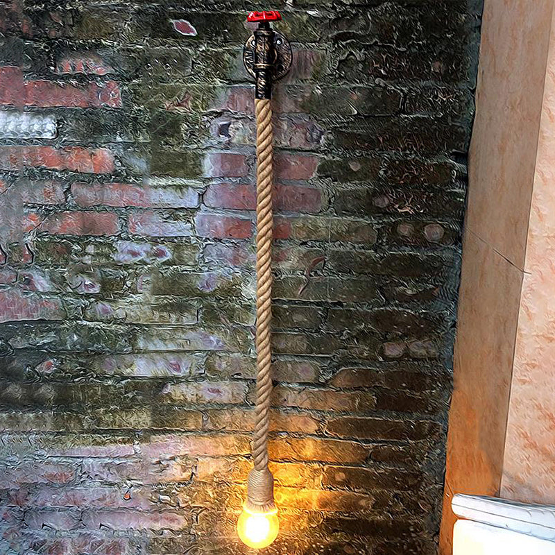 Water Pipe Metal Wall Light Lodge Style 1 Bulb Sconce Lighting Fixture with Hanging Rope in Beige Beige Clearhalo 'Art deco wall lights' 'Cast Iron' 'Glass' 'Industrial wall lights' 'Industrial' 'Middle century wall lights' 'Modern' 'Rustic wall lights' 'Tiffany' 'Traditional wall lights' 'Wall Lamps & Sconces' 'Wall Lights' Lighting' 138841