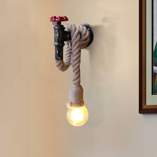 Water Pipe Metal Wall Light Lodge Style 1 Bulb Sconce Lighting Fixture with Hanging Rope in Beige Clearhalo 'Art deco wall lights' 'Cast Iron' 'Glass' 'Industrial wall lights' 'Industrial' 'Middle century wall lights' 'Modern' 'Rustic wall lights' 'Tiffany' 'Traditional wall lights' 'Wall Lamps & Sconces' 'Wall Lights' Lighting' 138842